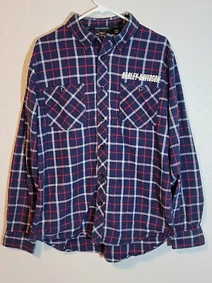 Harley Davidson Flannel Shirt Mens Size L Button Up Long Sleeve Plaid Blue • $20.99