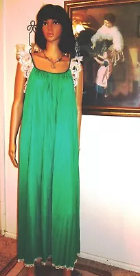 LUCIE ANN VTG Nylon EMERALD GREEN Eyelash Sleeve Long Nightgown Size Large • $104.99