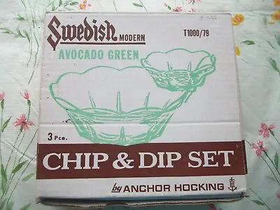 Vintage Anchor Hocking Swedish Modern Avocado Green Chip & Dip Set In Box T1000 • $23