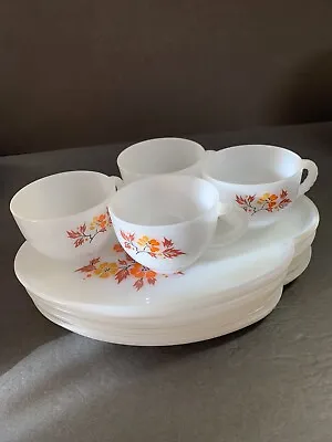 Vintage MCM Federal Milk Glass Blossom Fall Flower Snack Set 4 Plates 4 Cups • $25