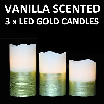 £6.99 • Buy 3 X Battery Operated Led Flameless Pillar Candles Real Wax Gold Ivory Scented