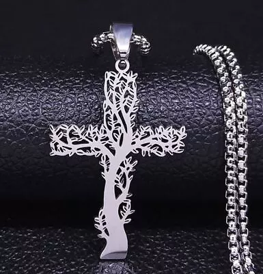 $10.88 • Buy Tree Of Life Cross Pendant Necklace Stainless Steel Men Silver Christian Jesus 