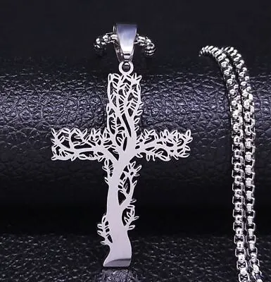 Tree Of Life Cross Pendant Necklace Stainless Steel Men Silver Christian Jesus  • $9.88