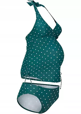 Green Polka Dot Maternity Tankini UK 16 Pregnancy Swim Top & Bottoms Foam Cups • £29.99