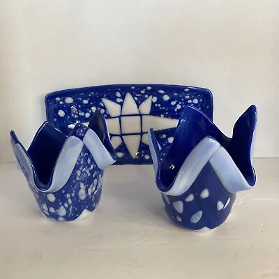 $85 • Buy Yahrzeit Memorial Fused Glass Blue & White Candle Holder (2) And Tray  F504
