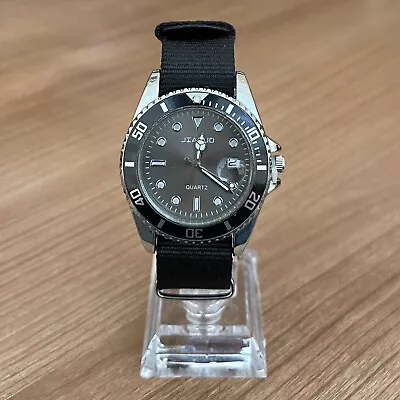 Men's Black Fabric Strap Business Stylish Date Quartz Watch Diver Style Black • £9.79