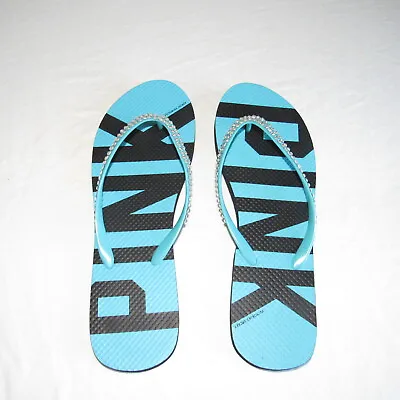 Victoria's Secret PINK Sequin Flip Flop Thong Sandal Shoe Black/Turquois L  NWOB • $15.99