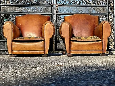 Pair Of Original 1920s ￼French Leather Club Chairs • $7850