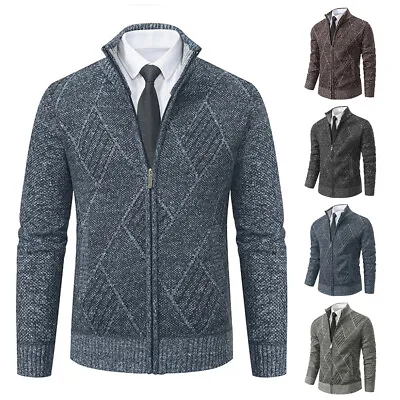 Mens Knitted Fleece Fur Lined Jacket Jumper Cardigan Zip Up Winter Warm Coat UK • £15.59