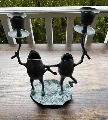 Metal Dancing Two Frogs Candle Holder Candlestick Lily Pad Vintage Patina • $29.99