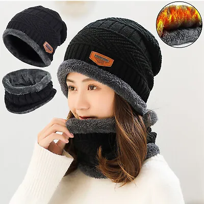 Winter Hat Scarf Set Thermal Knitted Beanie Hat With Scarf Fleece Lining Hat • £3.91