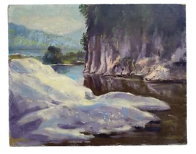 Antique Art Deco Impressionism Mountain Lake Snow Melt Landscape Oil Painting • $125