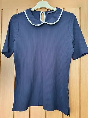 M&S Marks And Spencer Peter Pan Collar Navy Blouse Top Size 12 14  Vgc • £7