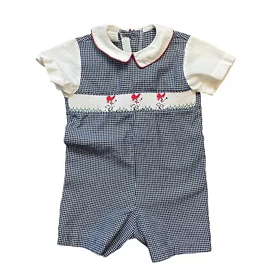 Vive La Fete Colletion Bebe Boy's Gingham Fire Dog Smocked Shortalls Size 24M • $27.99