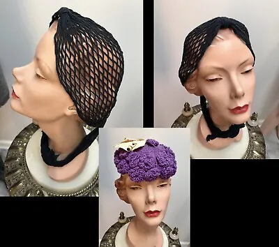 VTG 1940s BLACK WEB-OPEN KNIT SNOOD & Hand-Made Purple Knit HAT & HATPIN • $25.75