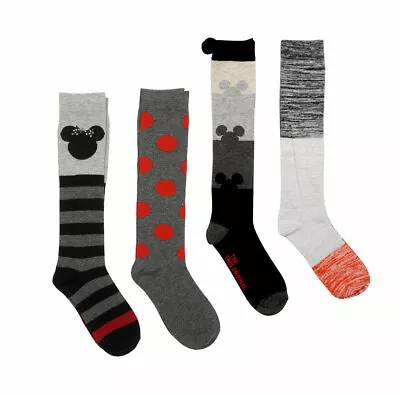 4 PAIR Disney 90 YEARS Mickey & Minnie Mouse Knee High Socks 9-11 Gray Black Red • $12.99