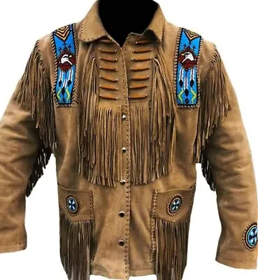 Men's Native American Suede Leather Jacket Fringes & Beads Cowboy Western Jacket • $134.99