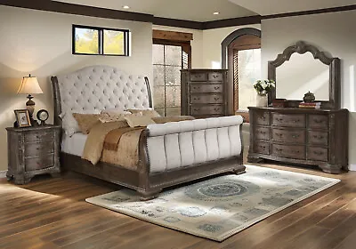 Classic Antique Walnut King Queen 5PC Sleigh Bedroom Set Traditional B/D/M/N/C • $2998.99