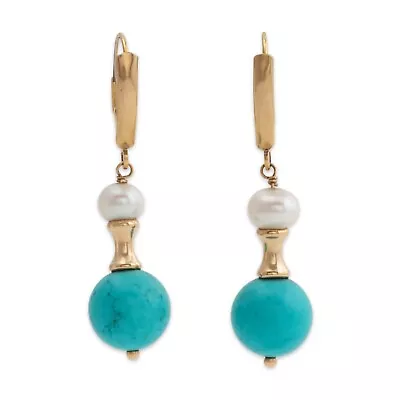 Vintage 14k Yellow Gold Turquoise Pearl Lever Back Earrings • $224.50