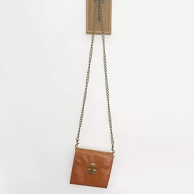Mini Crossbody Purse Cognac Brown Mirror Detail Chain Strap Faux Leather • $11.99