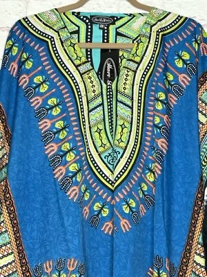 XL/1X/2X OS Royal Blue Turquoise Black African Print Beach Cover Dashiki Top • £16.37