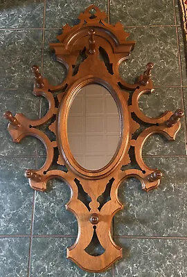 VTG MIRROR-Victorian Walnut Large Mirrored Hanging Hat /Coat Rack / Hall Tree • $299.99