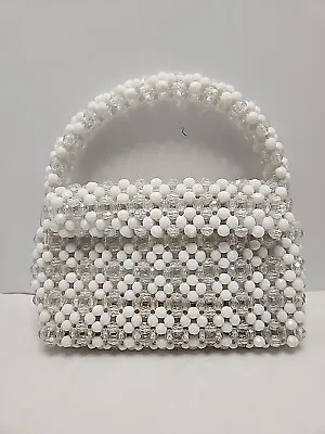 Vintage 1960s White And Clear Beaded Handbag Made In Hong Kong Handmade • $8