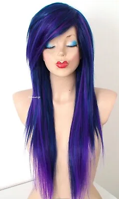 Keke Wigs Emo Wig Blue Purple Ombré Wig 28” Straight Layered Wig Side Bangs  • $79.95