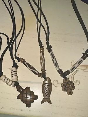 3Carved Tibetan Yak Bone N Wood Necklaces W/Beads And Black Leather Cord • $14