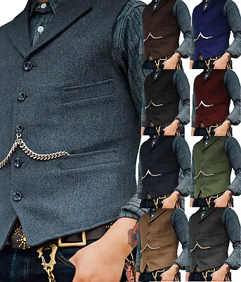 Retro Formal Mens Vintage Tweed Waistcoat Vest Herringbone Lapel Groom XS-3XL • $20.68