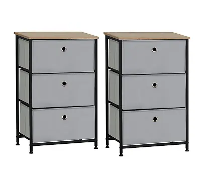 2 X 3 Tier Set Of Light Grey Canvas Fabric Drawers With Oak Effect Melamine Top • £37.99