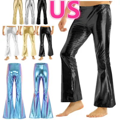 US Men's Shiny Faux Disco Trousers Bell Bottoms Flared Long Pants Motorcycle  • $6.22