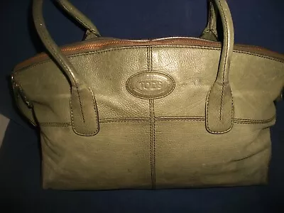 Vtg Tod's Italy Olive Green Leather  Large Logo-Shoulder Tote • $39