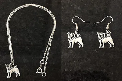 £3.25 • Buy Pug Dog Earrings Necklace Silver Plated Gift 