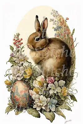 Vintage Victorian Easter Bunny & Flowers #5 - 6x10 Craft Cotton Fabric Block • $14.80