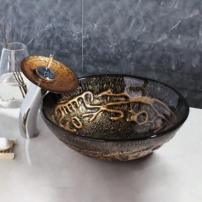 Carved Tempered Glass Basin Bowl Bathroom Sink Combo Mixer Faucet Tap Drain Set • £145