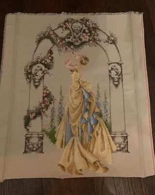Vintage Finished Lady Under A Rose Arch Fine Cross Stitch Panel. • £5