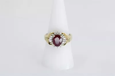 14K Vintage Yellow Gold Size 7.25 Ruby & Diamond Oval Flower Ring 0.11 Cttw • $324