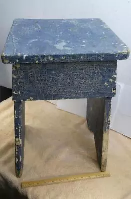 Antique Primitive Wooden Bench Milking Stool Chair Chipped Crazed Blue Paint !! • $149.95