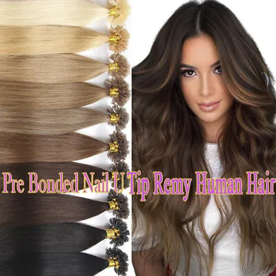 Keratin Nail U-Tip Hair Extensions Real Remy Russian Human Hair Italy Glue16-26  • $41.80