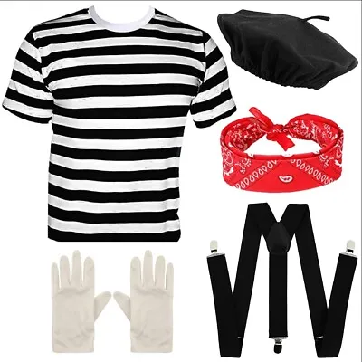 Frenchman Set MIME ARTIST Theme Party Fancy Dress Cosplay Costume S-XXL 5 PC Set • £15.49