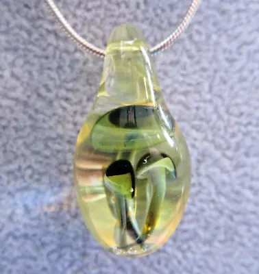 Lampwork Boro Teardrop Pendant Forest Green Yellow Mushroom Village Focal Bead • $9.99