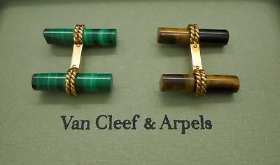 Van Cleef & Arpels Malachite Tiger's Eye Interchangeable Baton Gold Cufflinks • $2567.17