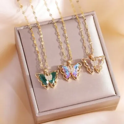 Luxury Butterfly Zircon Charm Pendant Necklace Choker Chain Women Jewelry Gift • $2.63