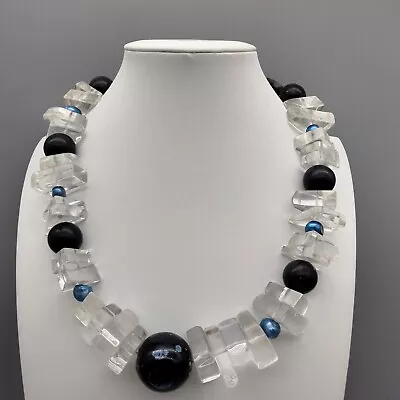 Boho Chic Blue Stone Necklace Genuine Pearl Silver Tone Bold Statement Vintage • $21.99