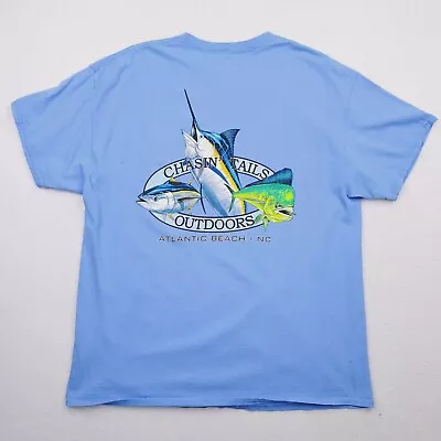 Fishing Shirt Mens Large Blue Chasin Tails Outdoors Marlin Mahi Mahi Yellow Tuna • $14.99