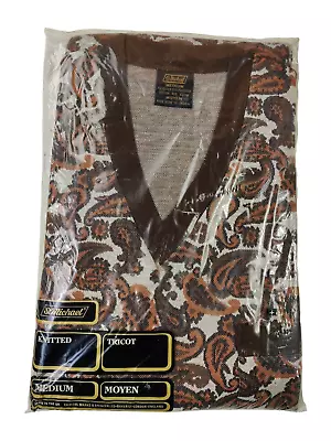 Bnwt Mens St Michael Vintage Uk Medium M Brown Paisley Long Sleeve V Neck Tshirt • $49.72
