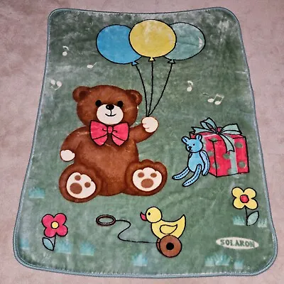 Solaron Green Teddy Bear Blanket Balloons Present Duck Flowers Music Notes 42x53 • $127.46