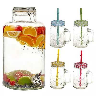 8 Litre Glass Beverage Dispenser 4 Or 8 Drinking Glasses With Straw & Handle Jug • £24.99