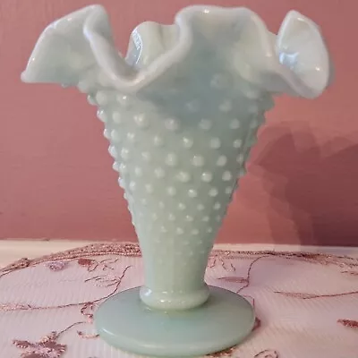 4 Inch Fenton Turquoise Hobnail Milk Glass Trumpet Vase • $22.50